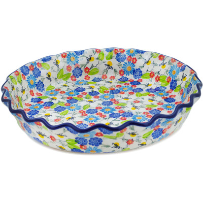 Polish Pottery Fluted Pie Dish 10&quot; Anemone Flower Garden UNIKAT