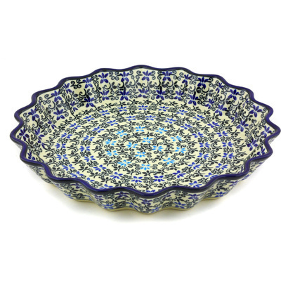 Polish Pottery Fluted Pie Dish 10&quot; Black And Blue Lace