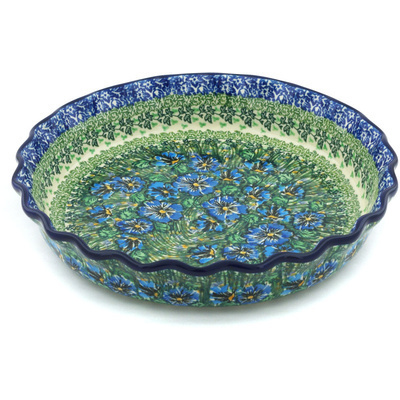 Polish Pottery Fluted Pie Dish 10&quot; Bloomimg Meadow UNIKAT