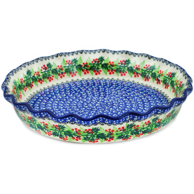 Polish Pottery Fluted Pie Dish 10&quot; Blooming Rowan
