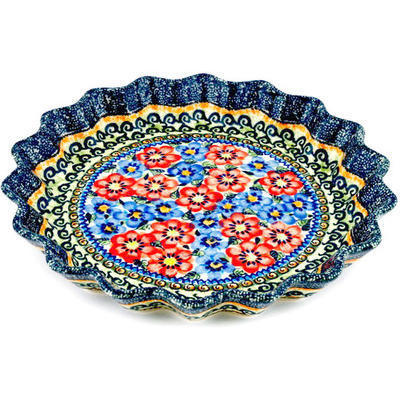 Polish Pottery Fluted Pie Dish 10&quot; Blue And Red Poppies UNIKAT