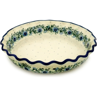 Polish Pottery Fluted Pie Dish 10&quot; Blue Bell Wreath