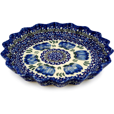 Polish Pottery Fluted Pie Dish 10&quot; Blue Bulbs