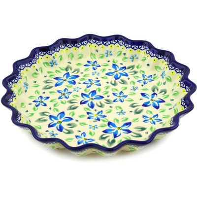 Polish Pottery Fluted Pie Dish 10" Blue Clematis