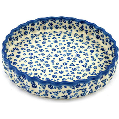 Polish Pottery Fluted Pie Dish 10&quot; Blue Confetti