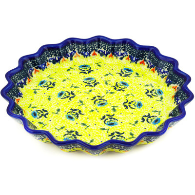 Polish Pottery Fluted Pie Dish 10&quot; Blue Dahlia