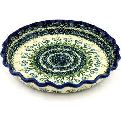 Polish Pottery Fluted Pie Dish 10&quot; Blue Daisy Circle