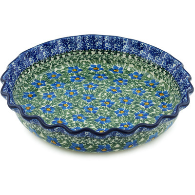 Polish Pottery Fluted Pie Dish 10&quot; Blue Daisy Dream UNIKAT