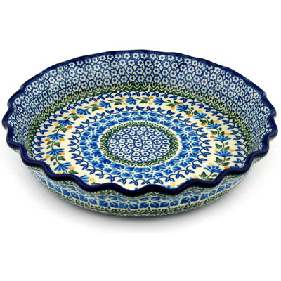 Polish Pottery Fluted Pie Dish 10&quot; Blue Fan Flowers