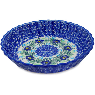 Polish Pottery Fluted Pie Dish 10&quot; Blue Floral Day UNIKAT