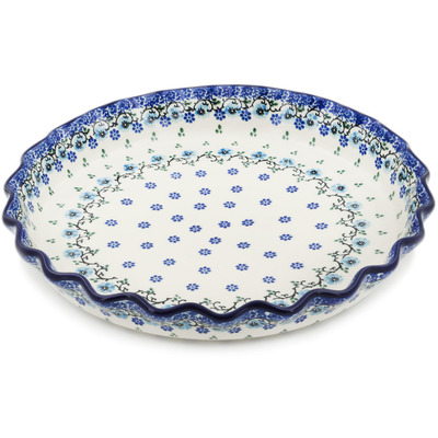 Polish Pottery Fluted Pie Dish 10&quot; Blue Flowers Harmony
