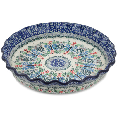 Polish Pottery Fluted Pie Dish 10" Blue Flutterfly UNIKAT