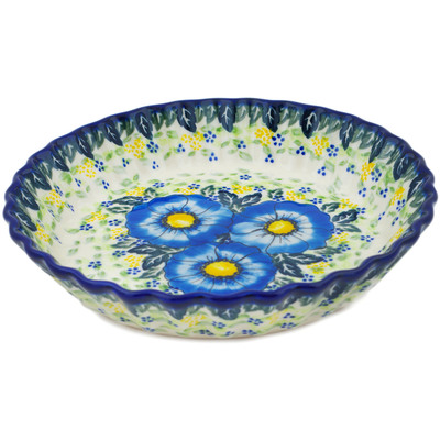 Polish Pottery Fluted Pie Dish 10&quot; Blue Happy Fields