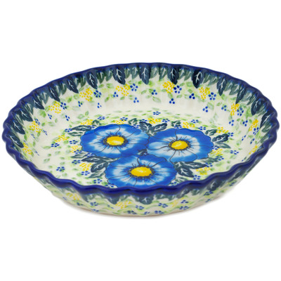 Polish Pottery Fluted Pie Dish 10&quot; Blue Happy Fields UNIKAT