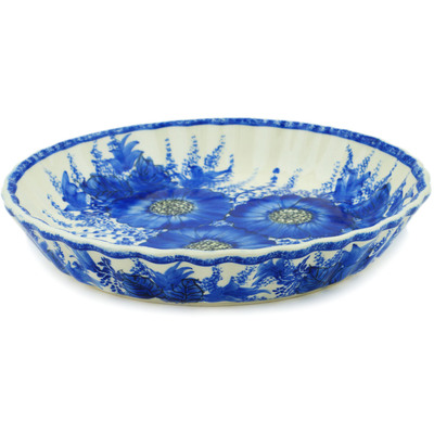 Polish Pottery Fluted Pie Dish 10&quot; Blue Poppy Dream UNIKAT