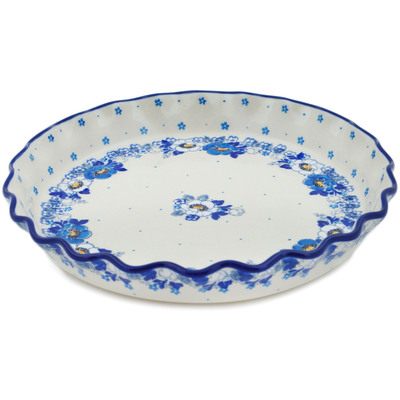 Polish Pottery Fluted Pie Dish 10" Blue Spring Blue