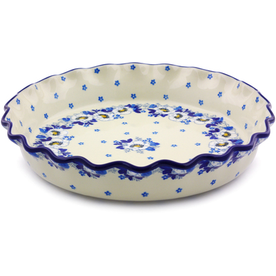 Polish Pottery Fluted Pie Dish 10&quot; Blue Spring