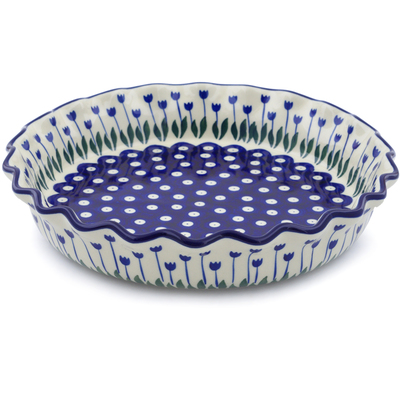 Polish Pottery Fluted Pie Dish 10&quot; Blue Tulip Peacock