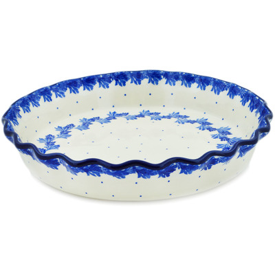 Polish Pottery Fluted Pie Dish 10&quot; Blue Wreath Of Leaves