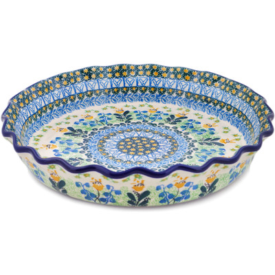 Polish Pottery Fluted Pie Dish 10&quot; Bluebells And Irises UNIKAT