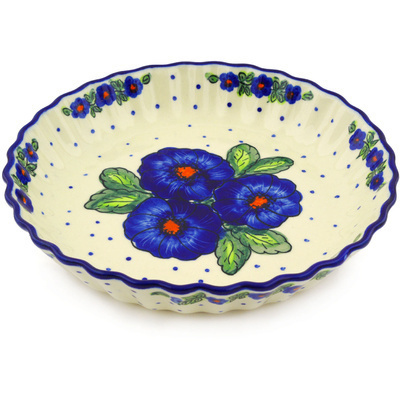 Polish Pottery Fluted Pie Dish 10&quot; Bold Blue Pansy