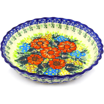Polish Pottery Fluted Pie Dish 10&quot; Bold Red Poppies UNIKAT