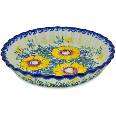 Polish Pottery Fluted Pie Dish 10&quot; Bright Blooms UNIKAT