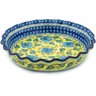 Polish Pottery Fluted Pie Dish 10&quot; Brilliant In Blue UNIKAT