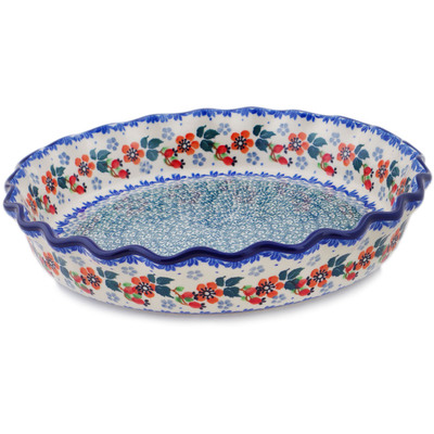 Polish Pottery Fluted Pie Dish 10&quot; Budding Blossom