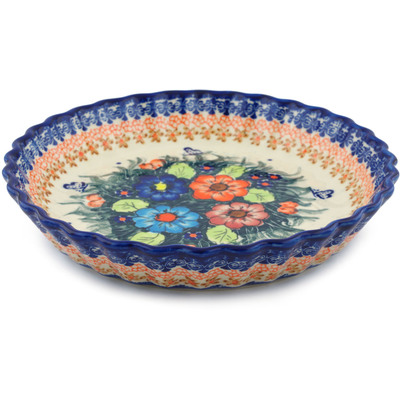 Polish Pottery Fluted Pie Dish 10&quot; Butterfly Splendor UNIKAT