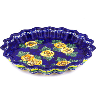 Polish Pottery Fluted Pie Dish 10&quot; Cabbage Roses
