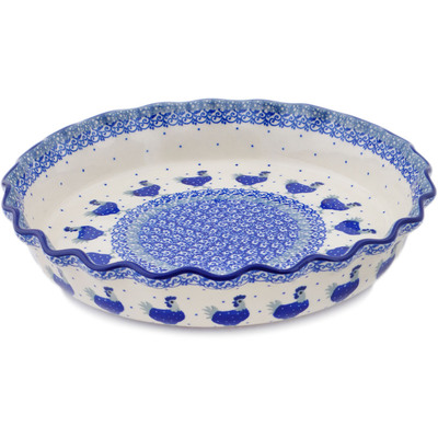Polish Pottery Fluted Pie Dish 10&quot; Cobalt Hen