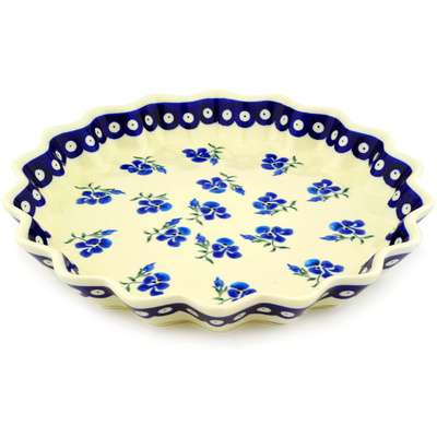 Polish Pottery Fluted Pie Dish 10&quot; Cobalt Pansy