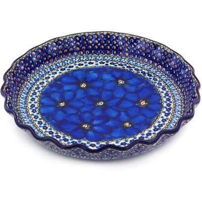 Polish Pottery Fluted Pie Dish 10&quot; Cobalt Poppies UNIKAT