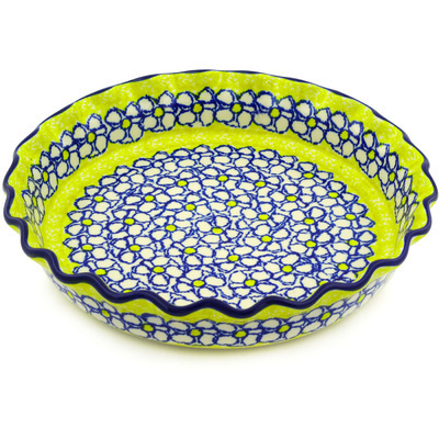 Polish Pottery Fluted Pie Dish 10&quot; Daisy Sunshine