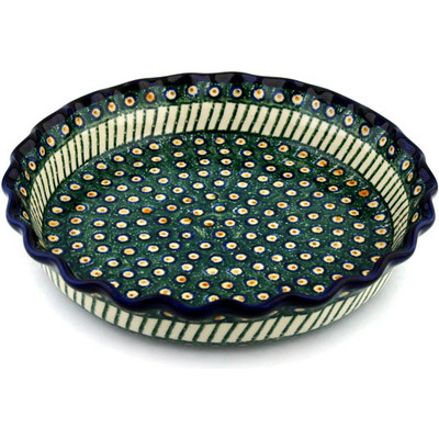Polish Pottery Fluted Pie Dish 10&quot; Emerald Peacock