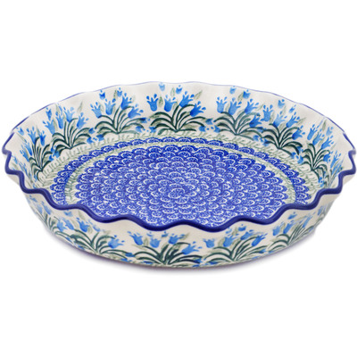 Polish Pottery Fluted Pie Dish 10&quot; Feathery Bluebells