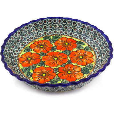 Polish Pottery Fluted Pie Dish 10&quot; Fiery Poppies UNIKAT