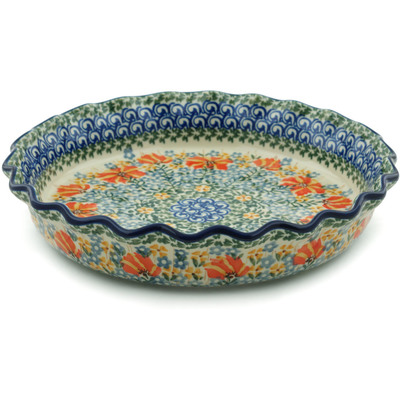 Polish Pottery Fluted Pie Dish 10" Fire Patch UNIKAT