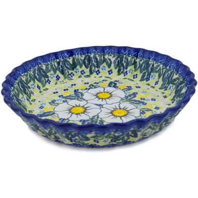 Polish Pottery Fluted Pie Dish 10&quot; Floral Fantasy UNIKAT