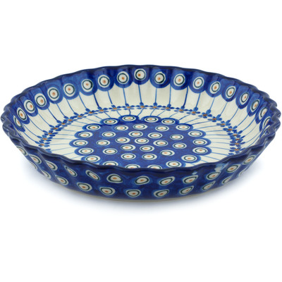Polish Pottery Fluted Pie Dish 10&quot; Floral Peacock