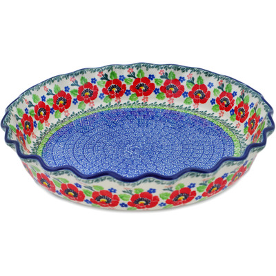 Polish Pottery Fluted Pie Dish 10&quot; Flourishing Flowers