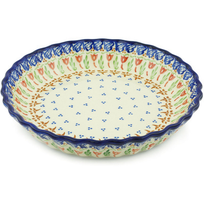 Polish Pottery Fluted Pie Dish 10&quot; Fluttering Tulips