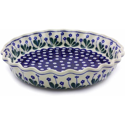 Polish Pottery Fluted Pie Dish 10&quot; Forget-me-not Peacock