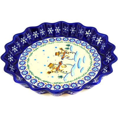 Polish Pottery Fluted Pie Dish 10&quot; Friendly Snowmen