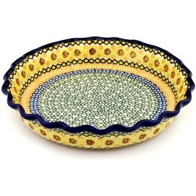 Polish Pottery Fluted Pie Dish 10&quot; Geometric Sunflower