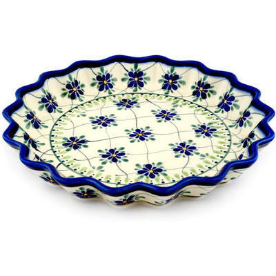 Polish Pottery Fluted Pie Dish 10" Gingham Trellis
