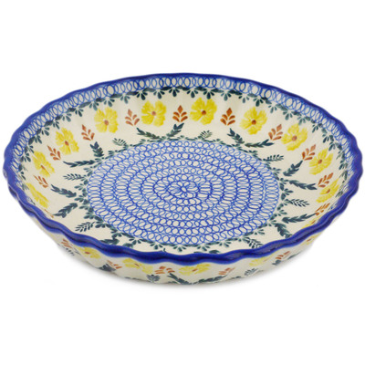 Polish Pottery Fluted Pie Dish 10&quot; Golden Flower Garden