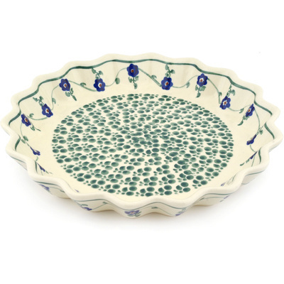 Polish Pottery Fluted Pie Dish 10&quot; Green Bubbles