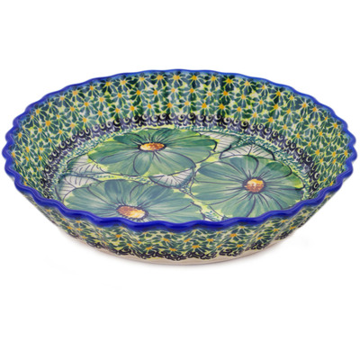 Polish Pottery Fluted Pie Dish 10&quot; Green Fantasy UNIKAT